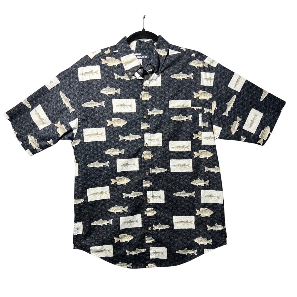 Puritan Fish Print Button Down Shirt Medium Short Sleeve Cotton Fishing Navy